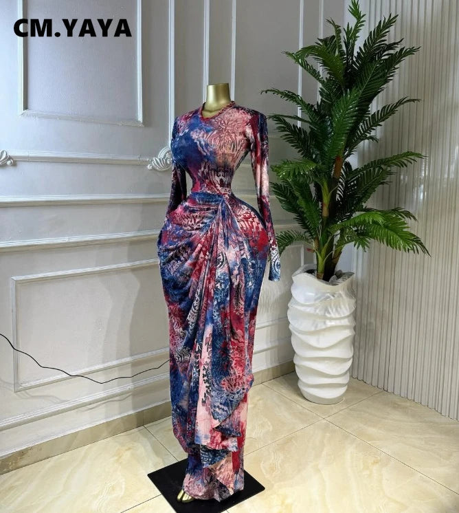 CM.YAYA Women Tie Dye Print O-neck Ruched Ribbon Long Dress 2026 Fall Street Evening Birthday Beach Party Vestidos Sexy Dresses