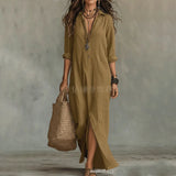 Casual Long Sleeve Loose Maxi Dress Women 2026 Summer Solid Color Turn-down Collar Beach Long Dresses Elegant Vestidos