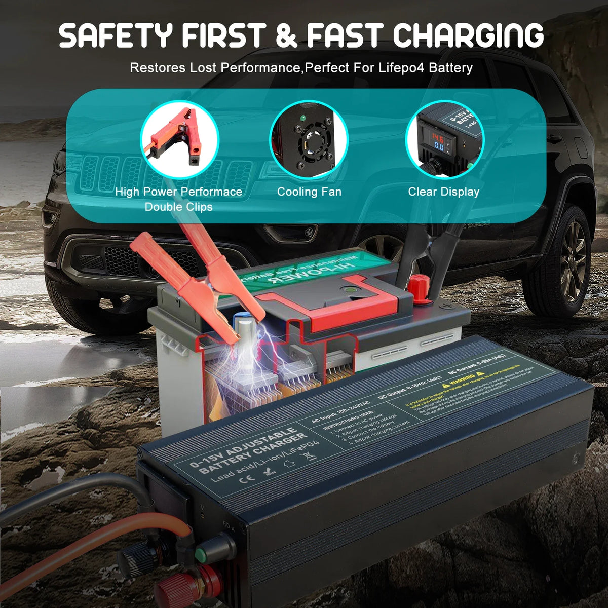 Lifepo4 Charger Power 12V 60A 100Ah Lithium Battery Charger Current /Voltage Adjustable Solar System Battery Power Accessories