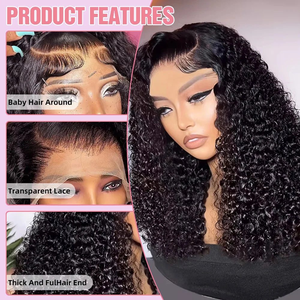 Deep Curly Bob Wig Human Hair Deep Wave Lace Front Wigs Human Hair Pre Plucked 4x4 Lace Closure Wigs Human Hair 250% Density Black Color 10-16 Inch For Black Women