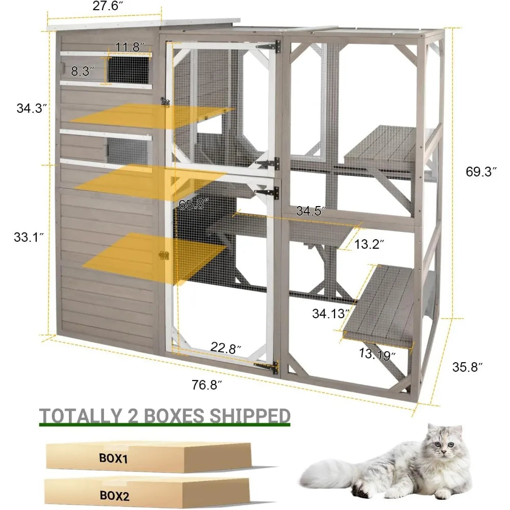 Outdoor catio enclosure, weatherproof, attaches to window, for multiple cats, easy assembly