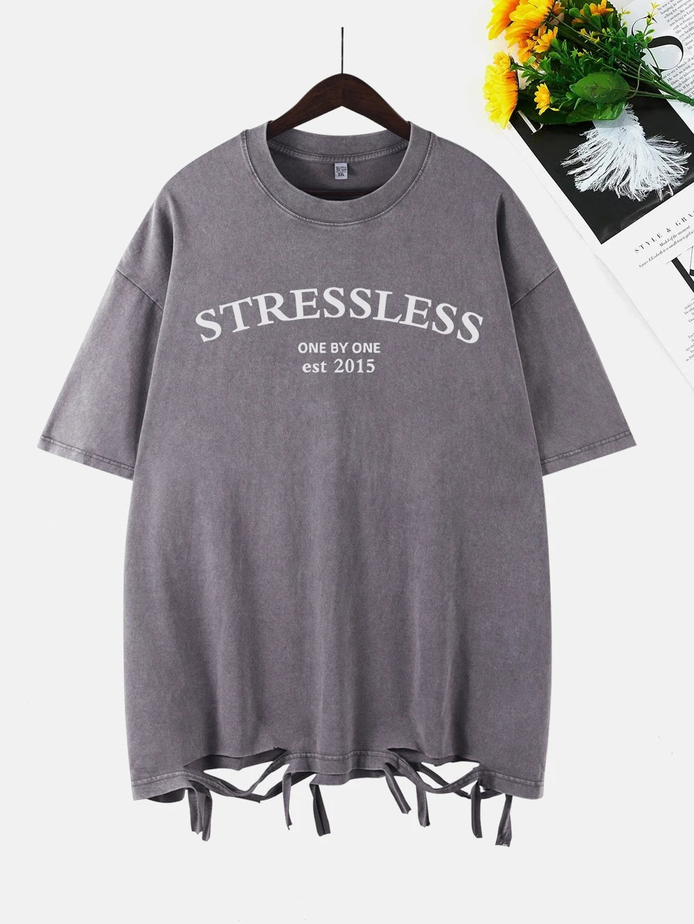 Stressless Letter Printing Washed T-Shirt Women Cottont Shirts O-Neck Oversized Acid Wash Short Sleeve Tops Casual Woman Clothes