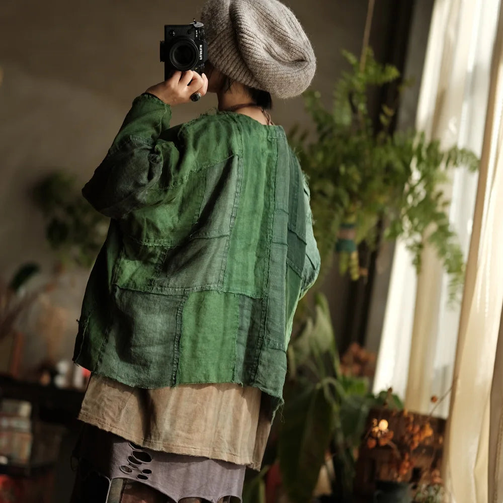 Johnature Women Cotton Linen T-Shirts Patchwork Vintage Autumn Tees Green Loose 2025 V-Neck Long Sleeve Chinese Style T-Shirts