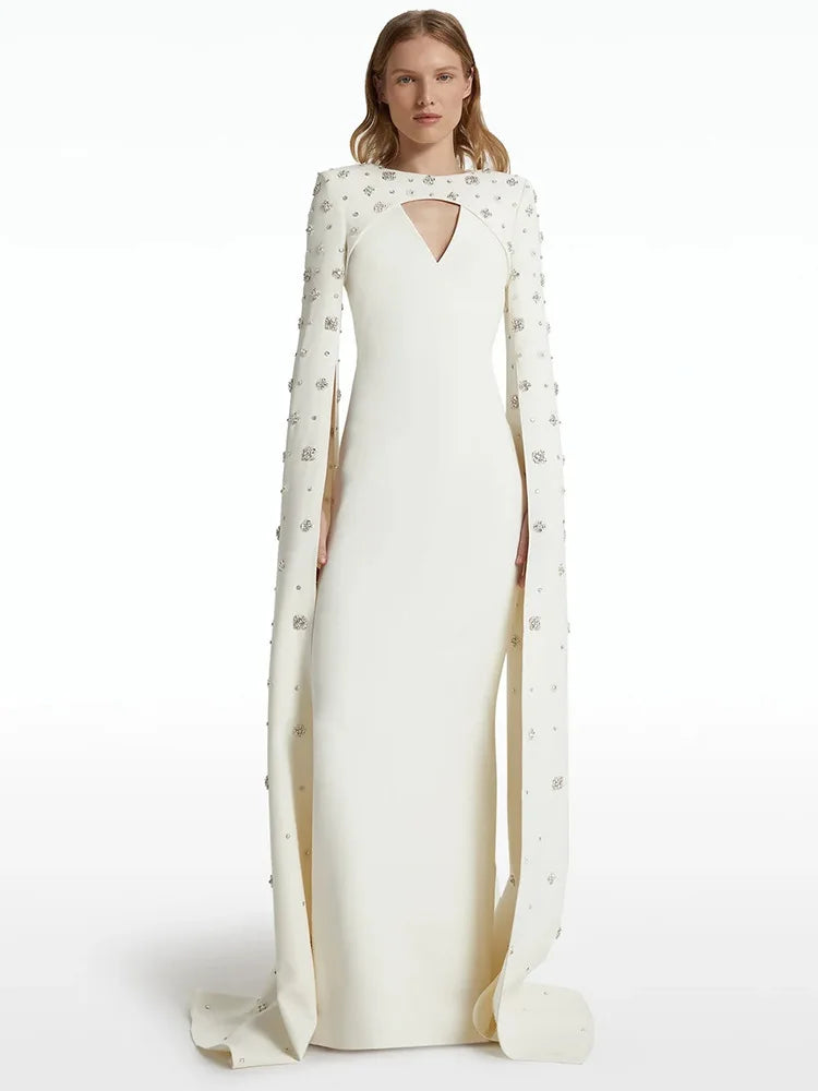HIGH STREET Newest 2026 Designer Vestido Women's Diamonds Beaded Cape Sleeve Floor Length Maxi Long Dress