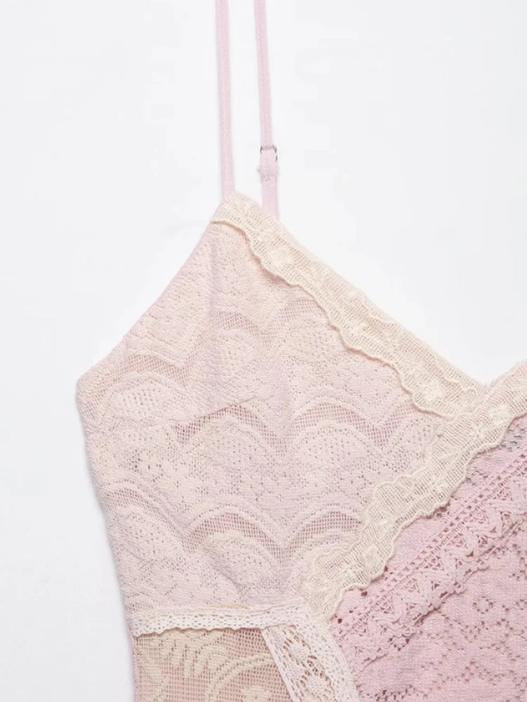 Women Pink Color Block Lace Spaghetti Strap Mini Dress Sweet Deep V Sleeveless Bubble Hem Dresses 2026 Daily Dating Casual Gown
