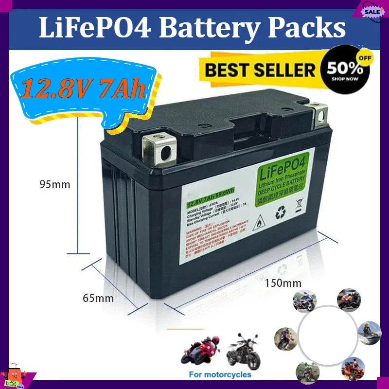 12.8V 7Ah Motorcycle LiFePO4 Battery for Motorcycle Motor Starter Built in BMS 12V Lithium Phosphate Scooter Engine Battery