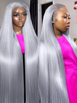 40 42 Inch Silver Grey Colored Bone Straight Lace Front Human Hair Wigs Silky Hair HD Transparent 13x6 13x4 Lace Frontal Wigs For Women Brazilian Real Virgin Hair Wigs Pre Plucked 250% Density High Quality