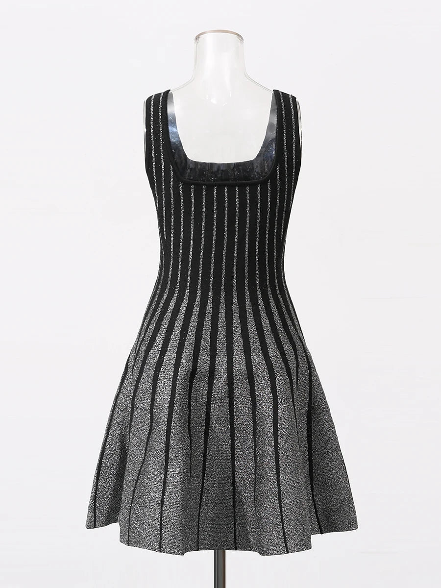 TWOTWINSTYLE Hit Color Slimming Fashion Tunic Dresses for Women Square Neck Sleeveless Patchwork Stripe Dress Female Clothing