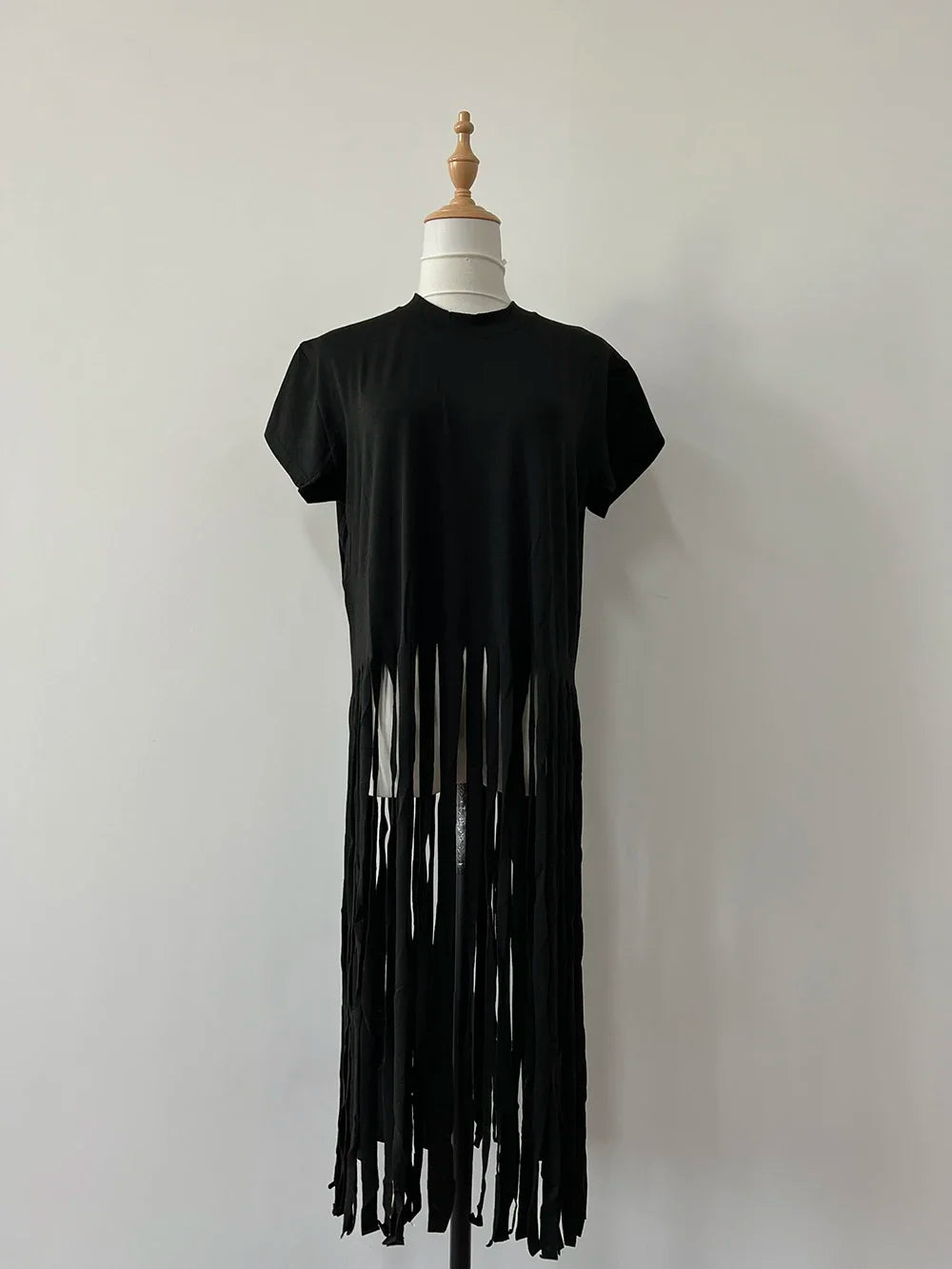 Loose Fringe Short-sleeved T-shirt Top for Women 2025 Summer New Black Long Pullover Smock Mainland China Graphic T Shirts