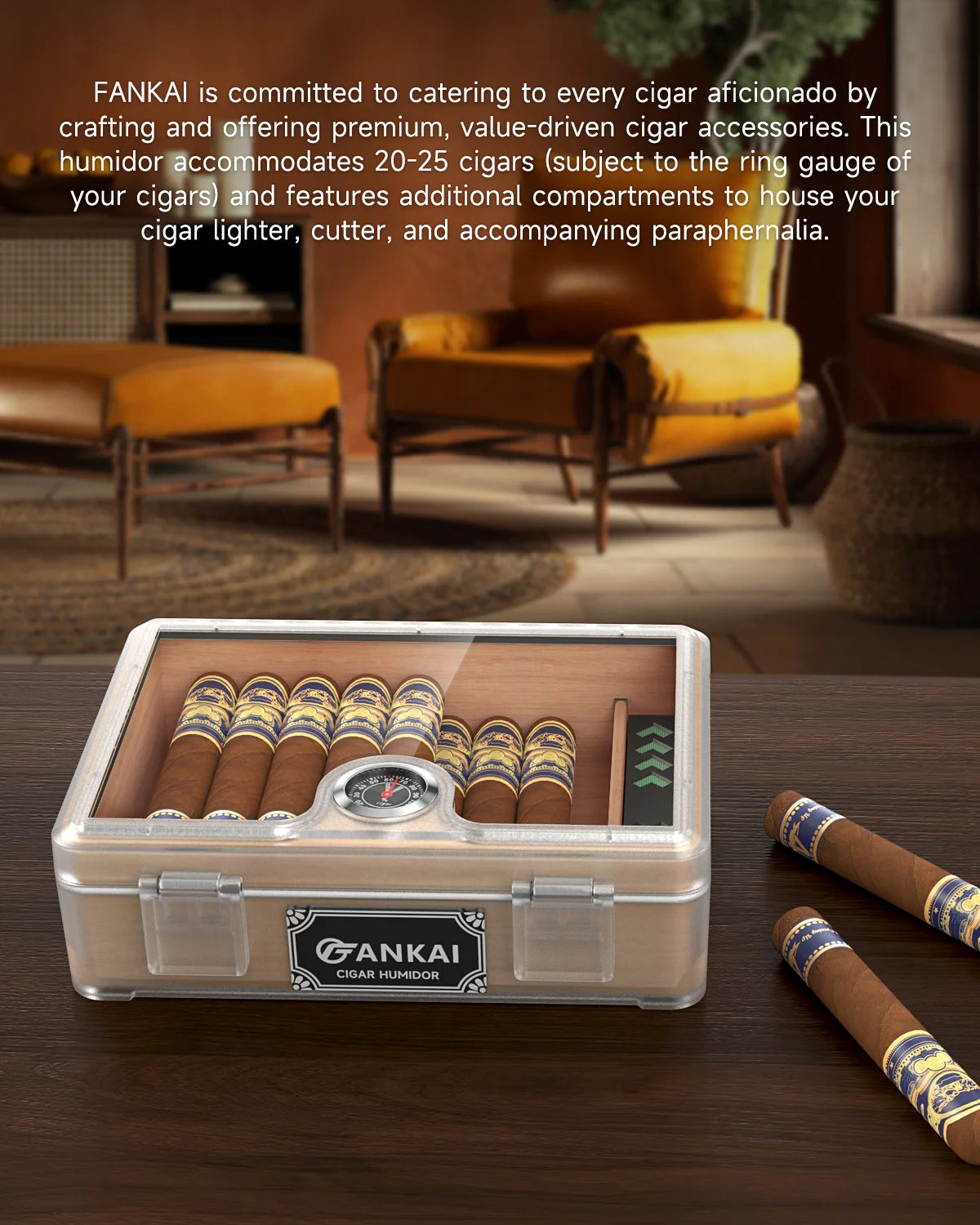 Humidor Cigar Box, with Straight Cutter Guillotine, V Cut, Puncher, Glass Top Case, Cedar Wood Lining, Humidifier Hygrometer