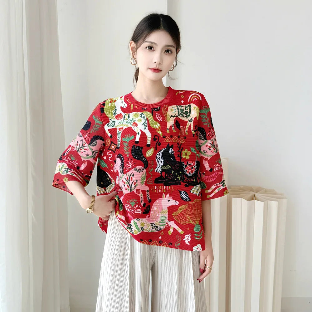 LANMREM High End Whimsical Horse Print Pleated Woemn's T-shirt Half Sleeve Round Neck Loose Fit Lightweight Casual Top 2DB6913