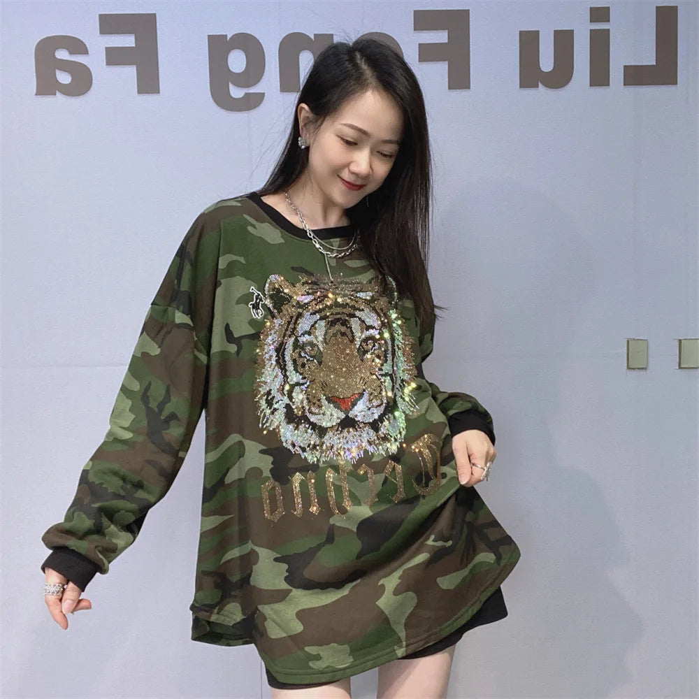 Tiger Head Camouflage Long Sleeve T Shirt Woman 2026 Spring Casual O Neck Oversized Tees Japanese Korean fashion Top Y2k Bust140