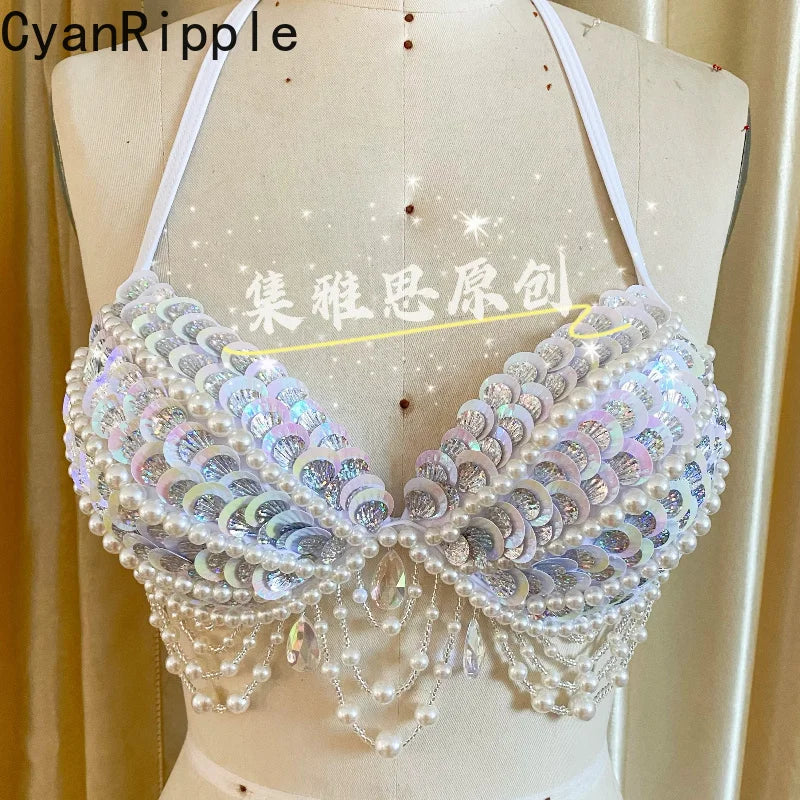 Original Handmade Mermaid Bra Corset Vacation Style Beach Women Bikini Sets Pearl Shell Beading Tassel Free Diving Swimsuits