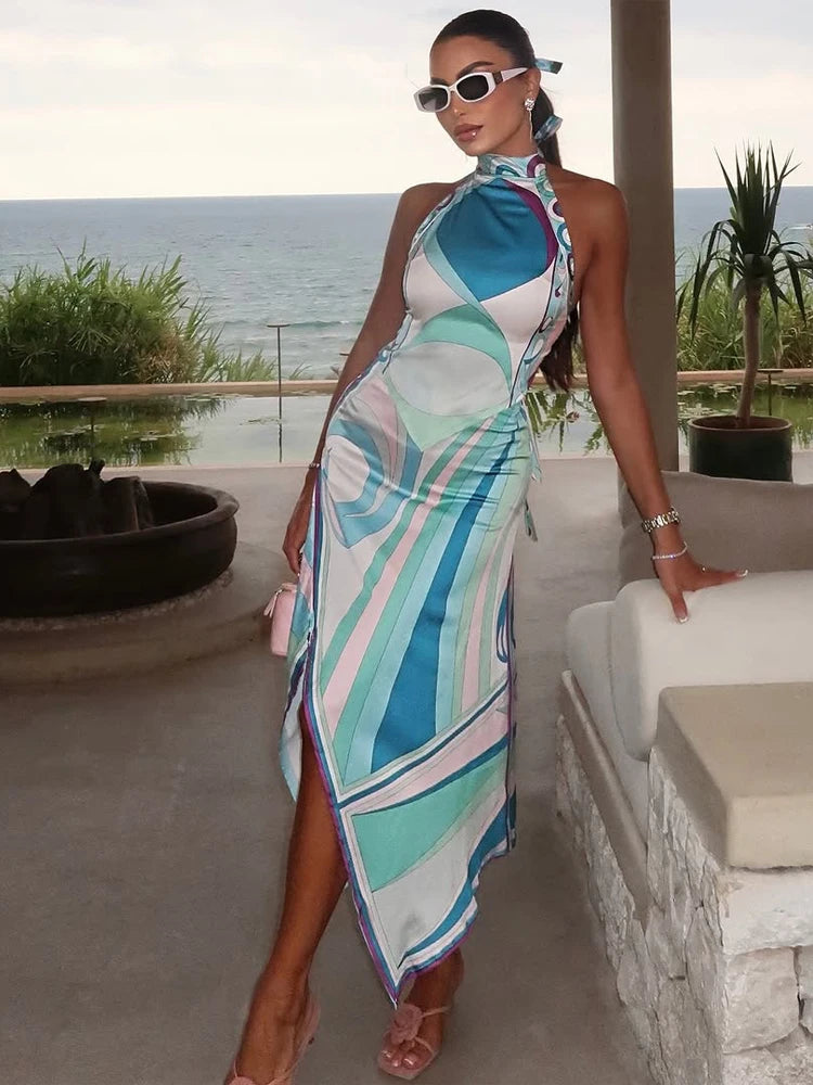 Lady Sexy Printed Halter Dress Sleeveless Off-shoulder Backless Loose Irregular Chic Robe 2026 Women Vacation Street Vestidos
