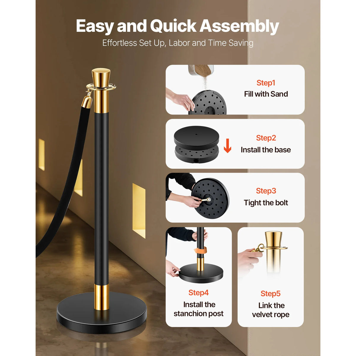 SucceBuy Stanchions 6 Pcs Crowd Control Barriers 4 Velvet Ropes Stainless Steel Stanchion Post Queue w/ Fillable Base for Party