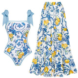 Summer Women Sexy Swimwear One Piece Swimsuit With Beach Skirt Printed Bathers Swimming Bathing Swim Suit Beachwear Bodysuit