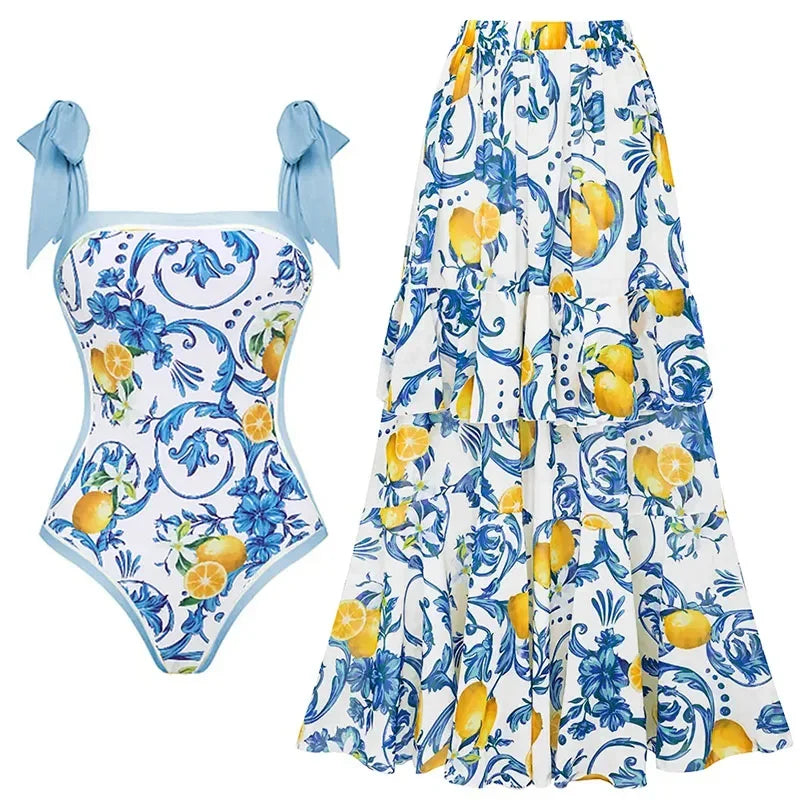 Summer Women Sexy Swimwear One Piece Swimsuit With Beach Skirt Printed Bathers Swimming Bathing Swim Suit Beachwear Bodysuit