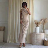 High Neck Short Sleeve Tassel Trim Midi Dress Slim Fit Bodycon 2026 Summer Women Elegant Dress Galm Casual Lady Long Dress