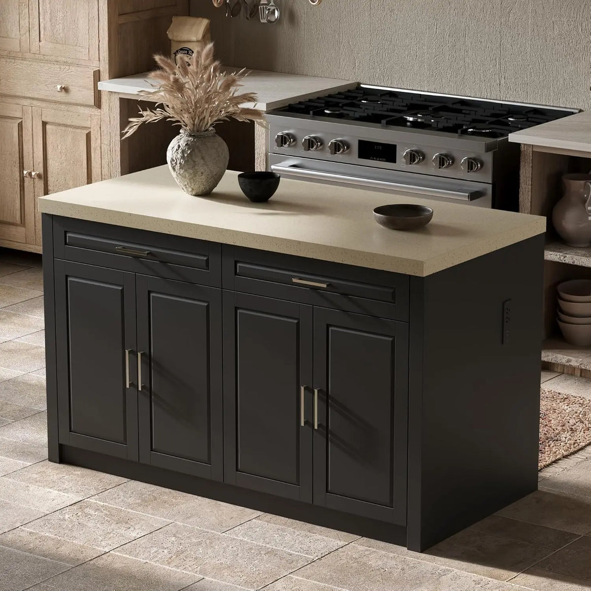 61" W Large Kitchen Island with Charging Station, 2 Drawers & Adjustable Shelves, Modern Stationary Kitchen Prep, Customized