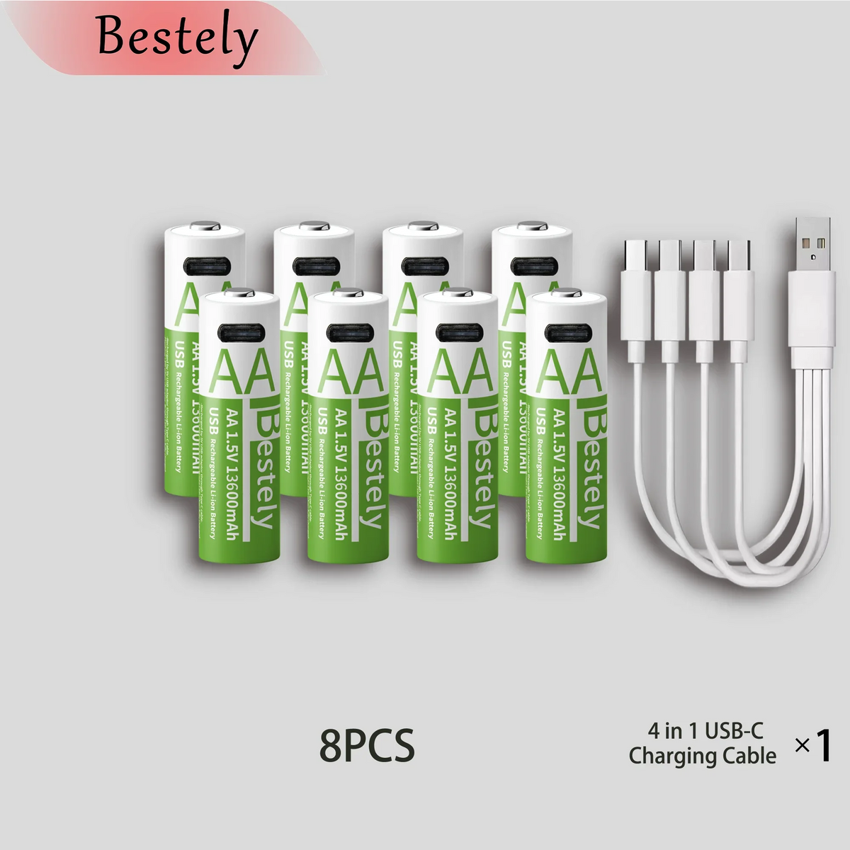 Bestely AA Rechargeable Lithium Battery 1.5V 13600mAh Fast Charging Long Lasting Li-ion Batteries 2000 Cycle with USB- C Cables