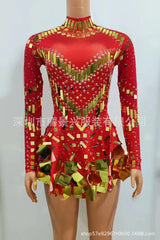 Fashion Stretch Sequins Mirror Dress Women Bodysuit Dancewear Long Sleeve Drag Queen Costume Rave Festival Night Out BodySuits