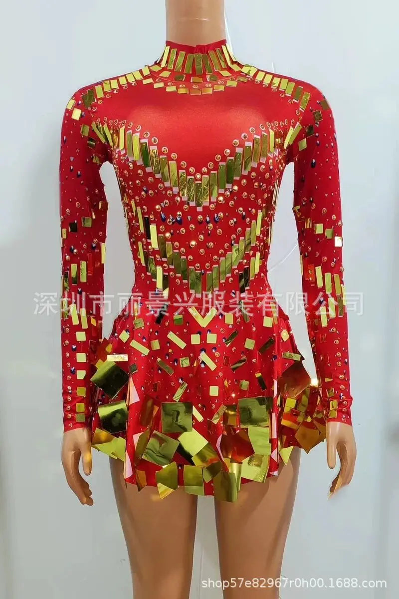 Fashion Stretch Sequins Mirror Dress Women Bodysuit Dancewear Long Sleeve Drag Queen Costume Rave Festival Night Out BodySuits