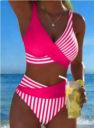 V Neck Tank Swimwears High Waist Bikini Summer Beach Bathing Suit Swimsuit Women Vertical Stripe Patchwork Bikini Set Wrap Front