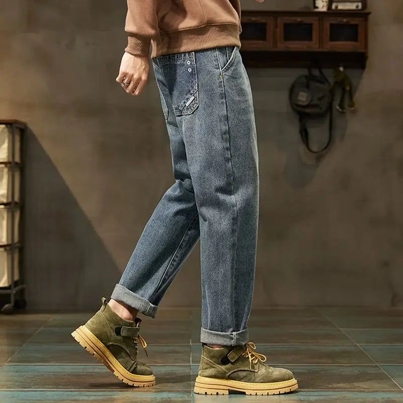 2026 Spring Men's Retro Harem Denim Jeans Loose Fit Harajuku Straight Pants Solid Color Comfortable Versatile Fashion Trousers