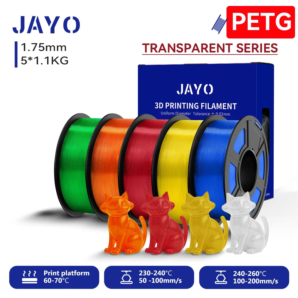 JAYO 3D PETG/PLA/PLA PLUS Filament 1.75mm PLA Filament 5 Rolls For Bambu FDM 3D Printer Neatly Wound 3D Printing Material for 3d