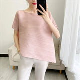 Miyake Style Pleated Tops for Women 2024 Summer New High-End Loose Large Size Stretch Fabric Clothes Temperament T-Shirt