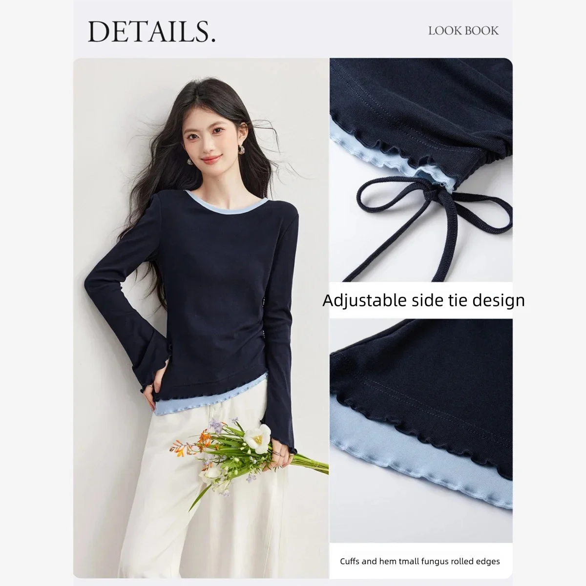 VIMLY Navy Blue T-shirt Women Fake Two-Piece Color Block Long Sleeve T-shirts Elegant Wavy Hem Tie Slim-fit Tops Ladies A7226