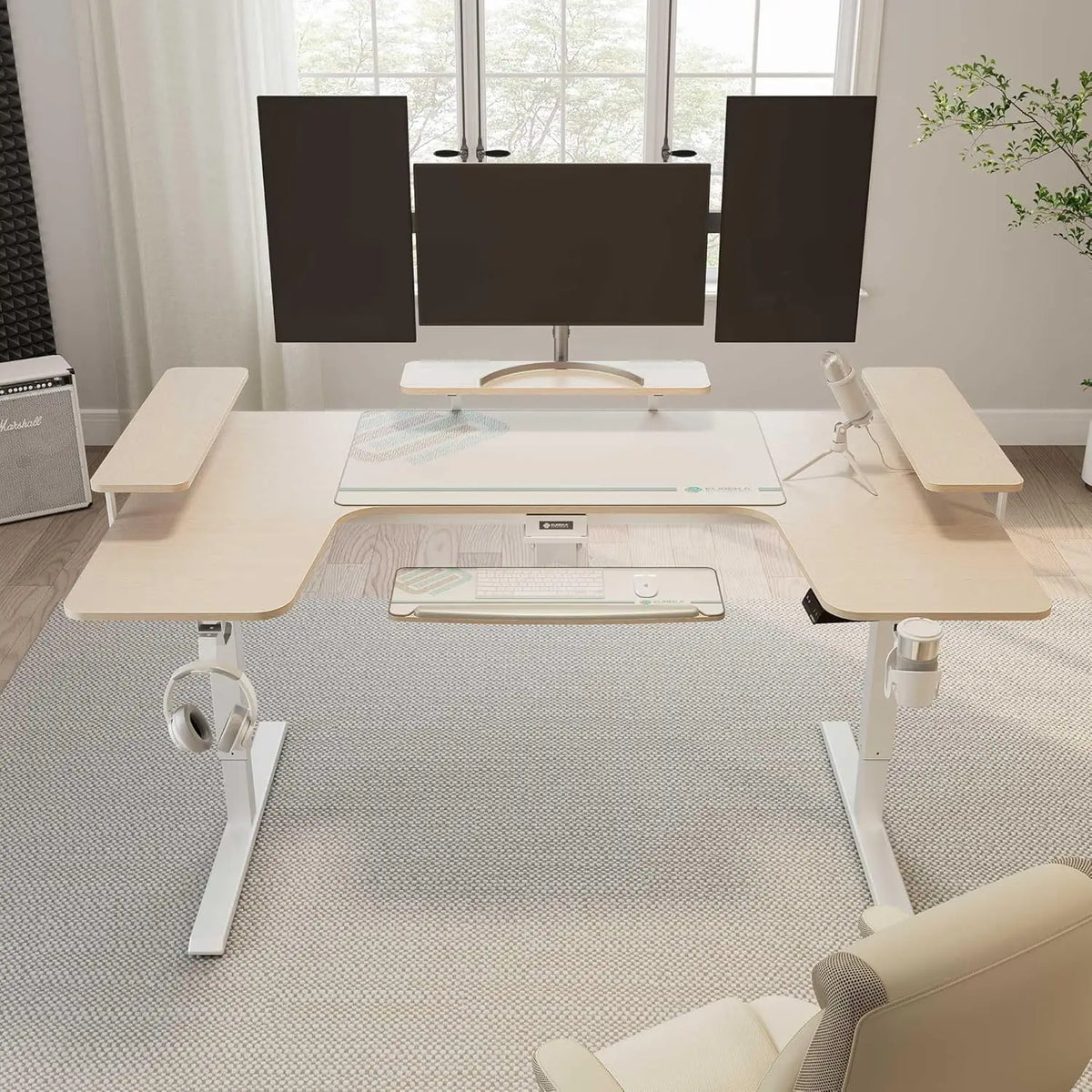 74" U Shaped Electric Height Adjustable Gaming Desk w Keyboard Tray LED Shelves Recording Live Studio Maple,Custom