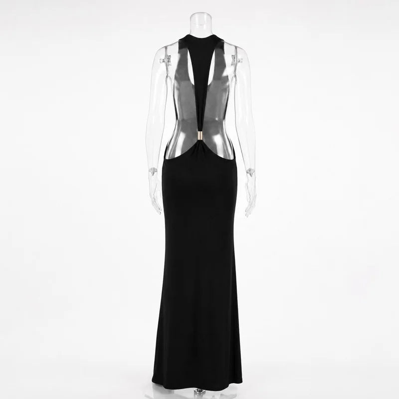 Tossy Women Halter Backless Bodycon Maxi Dress Open Back Spaghetti Strap Gold Ring Evening Party Gown Summer Beach Long Dress