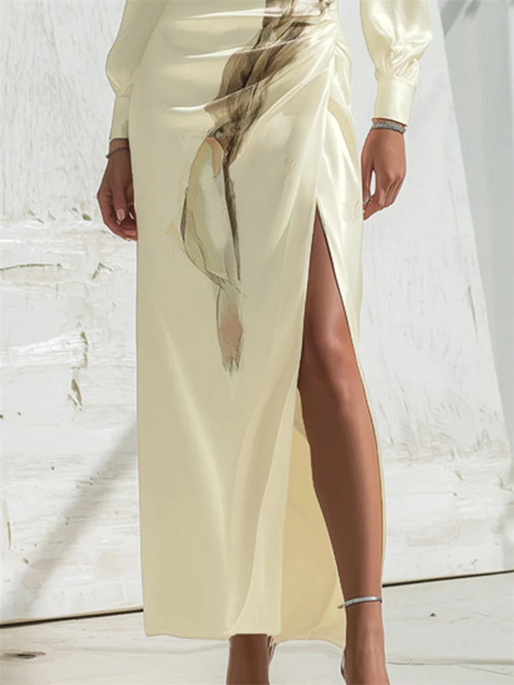 Yeezzi Women Elegant Floral Printed High Split Evening Maxi Dresses 2026 New Long Puff Sleeves Pleated Date Night Party Dress
