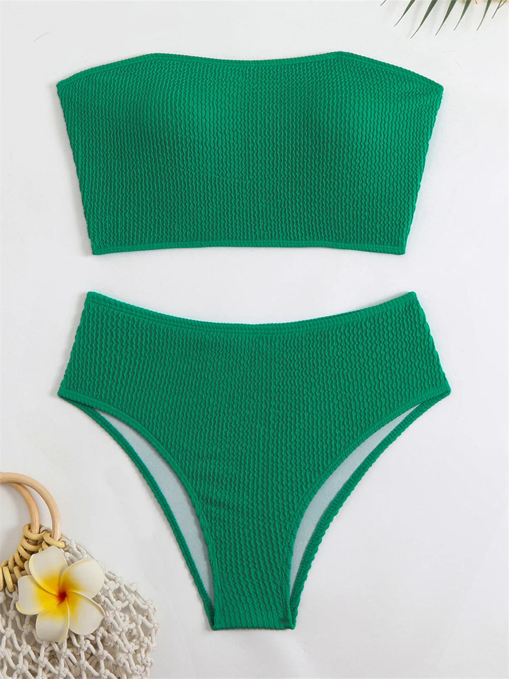 Sexy rosered bikini strapless bandeau swimsuit women vacation swimwear high waist ribbing tankini outfit beachwear swimming suit