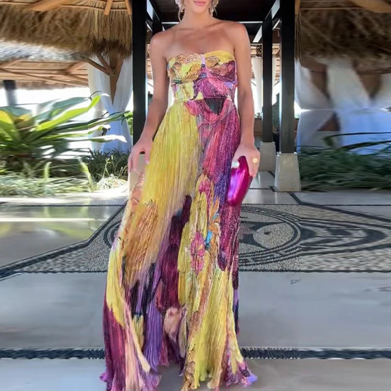 Summer Hollow Pattern Printed Long Dresses Casual Sleeveless Swing Beach Dress Sexy Off Shoulder High Waist Pleated Party Dress