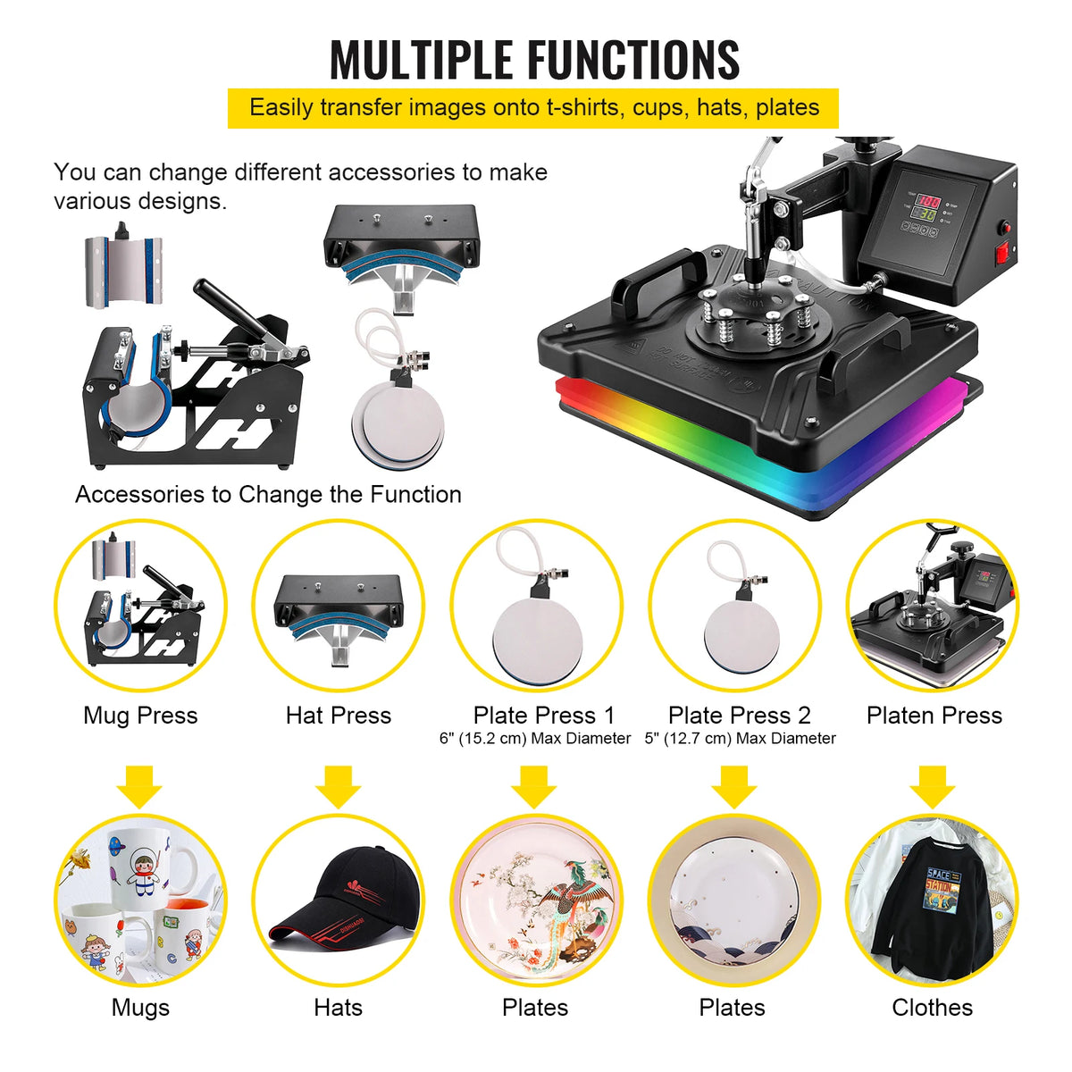 SucceBuy 5 6 8 in 1 Heat Press Machine T shirt Heat Transfer Printer Muntifunctional Sublimation Mug/Latte Mug/Hat/Plate/Bottle