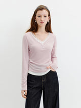 FSLE Women 2026 Autumn New Fake Two-Piece Color-Block T-Shirt Lace Trim V-Neck Button Decoration Lyocell Wool Blend Slim Fit Top