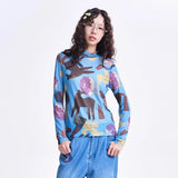 MOVEUP Long-Sleeve T-Shirt 2026 Spring New Stand Collar Printed Lightweight Mesh Base Slim Fit Short Women's Top 3ELC10553