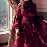 Fashion High Waist Pleat Party Dress Lady Casual High Collar Layered Banquet Dress Elegant Long Sleeve Solid Color Evening Dress