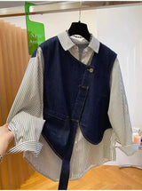 plus Size Women's Denim Patchwork Long Sleeve Shirt Spring Loose Striped Slimming T-Shirt Korean Style Commute Fashion
