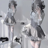 Japanese Gothic Lolita Dress Set Women Harajuku Y2k Bow Lace Ruffles Collar Mini Dresses Female Elegant Party Cute Dress