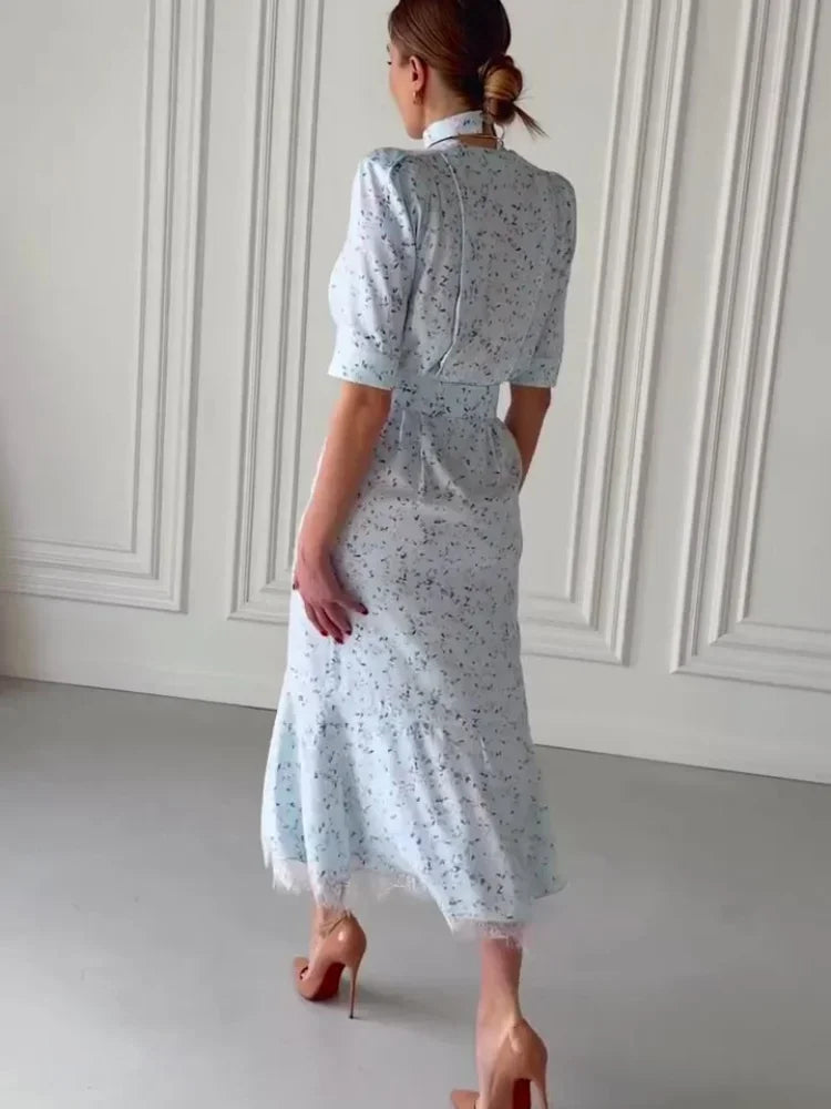 Deep V Neck Lace Trimmed Printed Dress Women Light Blue Tie Front Button Up Short Sleeve Robe Summer Lady Party Dresses 2026