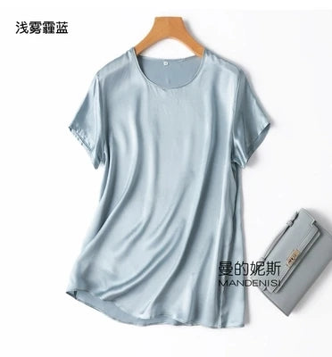 Benefits! Flowing Gem Series Basic Style Versatile Round Neck 100% Mulberry Silk Short Sleeve Silk Satin T-Shirt Top