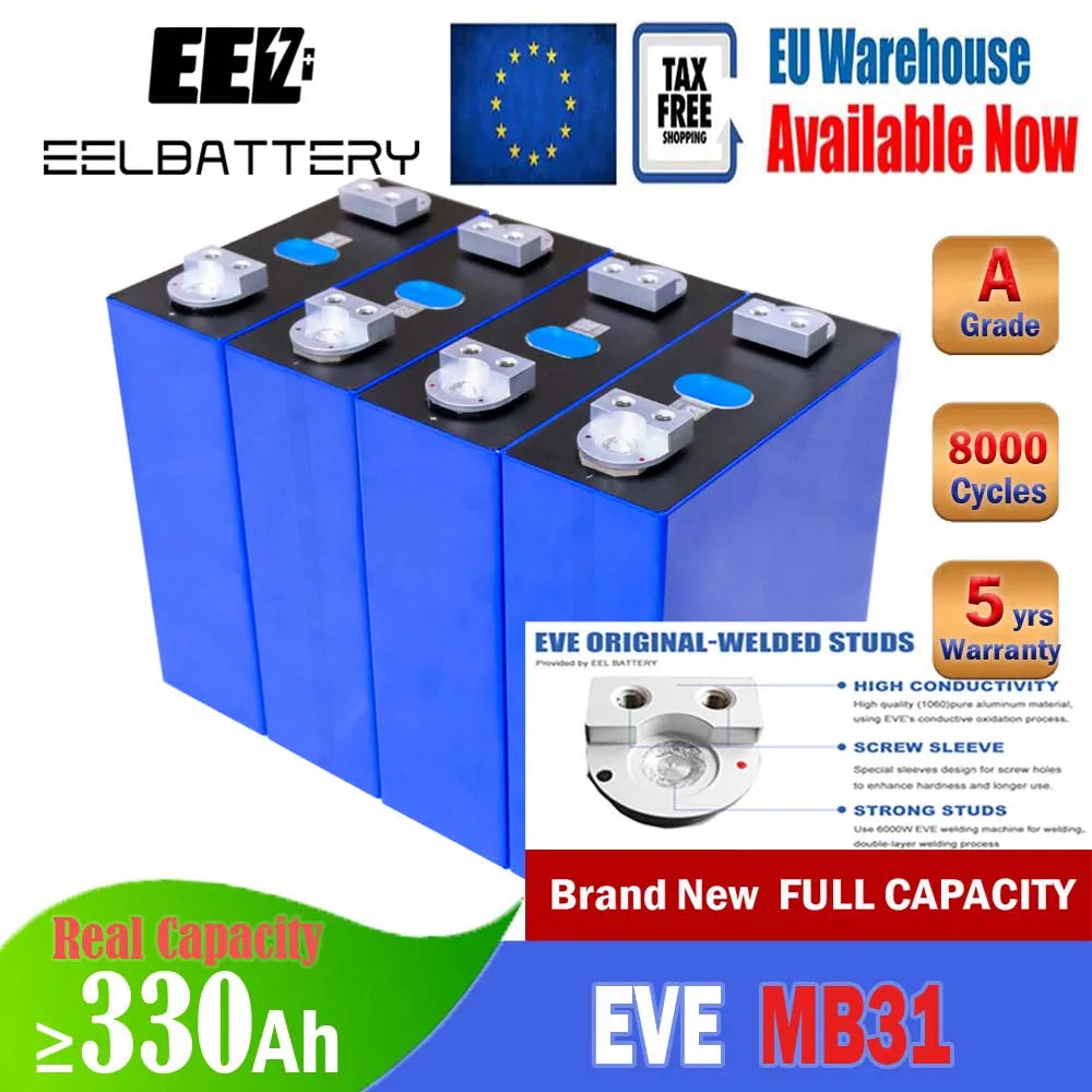 4Pcs 3.2V EVE 314Ah MB31 HSEV LiFePO4 Battery Cells Rechargeable Cell For DIY 12V 24V 48V Lithium Battery Pack for RV Camping
