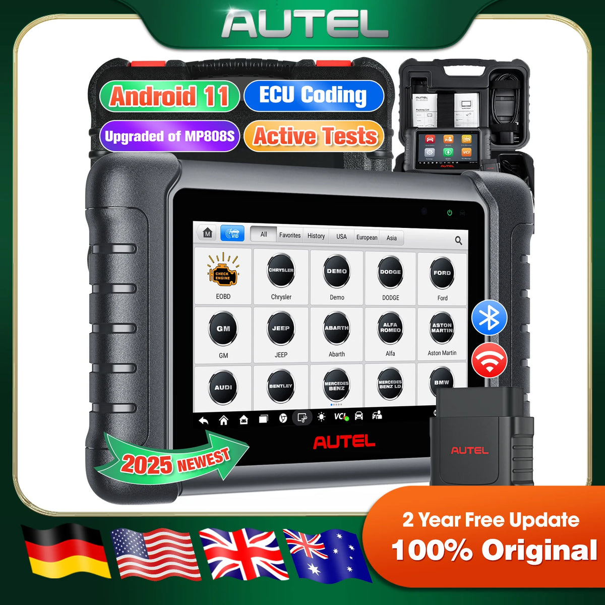 Autel MaxiPRO MP808BT PRO OBD2 Scanner Car Diagnostic Tool Advanced ECU Coding, Active Test Android 11 PK DS808 MP808S MP808BT