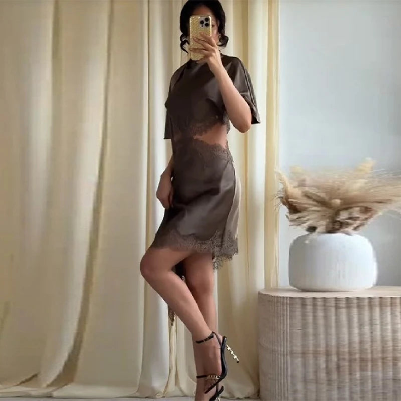 Women's Brown Lace Cutout Mini Dress Elegant Short Sleeve Scarf Neck Satin Chic Dresses 2026 NEW Lady Evening Party Streetwear