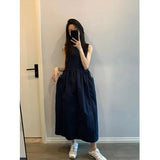 Loose Casual Women's Dr Summer 2026 New Korean Sle Dstring Waistl Svel Vest Skirt A-Line Midi round Ne