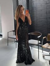 Women Elegant Sequin Mermaid Maxi Dress Elegant Spaghetti Strap Deep V Neck Bodycon Slim Gown Lady Evening Party Long Dresses