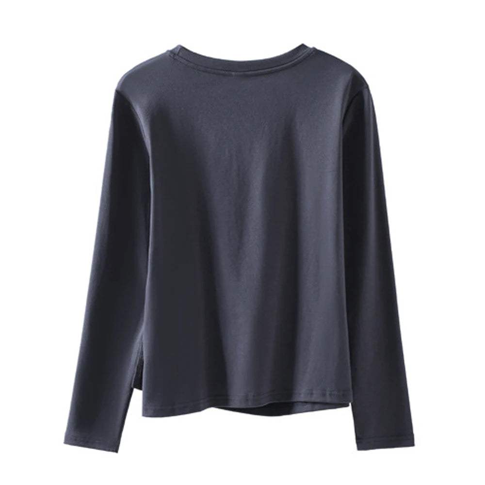Korean Coffee Long Sleeved T-Shirt for Women's Autumn New High-End Cotton Fashion Plus Size Round Neck Loose Casual Top